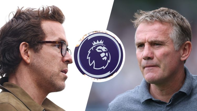 Ryan Reynolds co-owner of Wrexham. Phil Parkinson manager of Wrexham. Premier League logo.