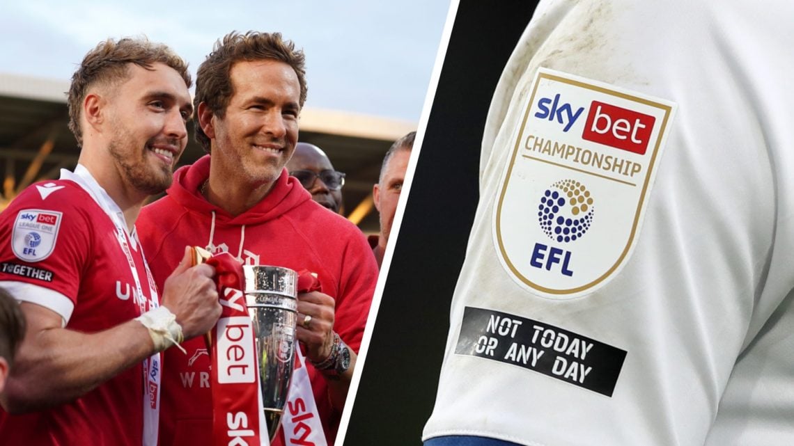 Sam Smith and Ryan Reynolds celebrate promotion following Wrexham AFC v Charlton Athletic FC in the Sky Bet League One clash. A detailed view of a ...