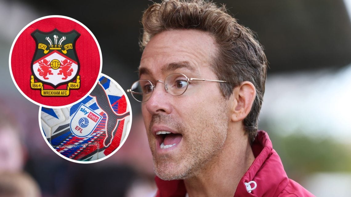 Ryan Reynolds, co-owners of Wrexham AFC looks on. A detailed view of the SkyBet and EFL league logo on a white Puma match ball before the Sky Bet C...