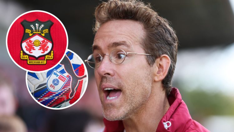Ryan Reynolds, co-owners of Wrexham AFC looks on. A detailed view of the SkyBet and EFL league logo on a white Puma match ball before the Sky Bet C...