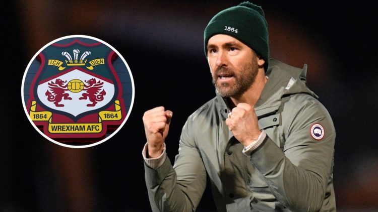 Ryan Reynolds cheers during Wrexham v Sheffield United. Detailed view of a Wrexham club crest