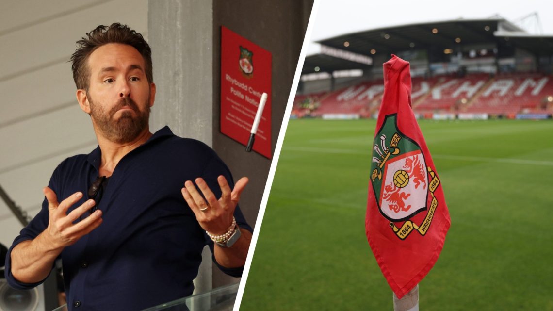 Ryan Reynolds, co-owner of Wrexham. A general view of a Wrexham corner flag before Wrexham AFC v Shrewsbury Town FC in the Sky Bet League One clash.
