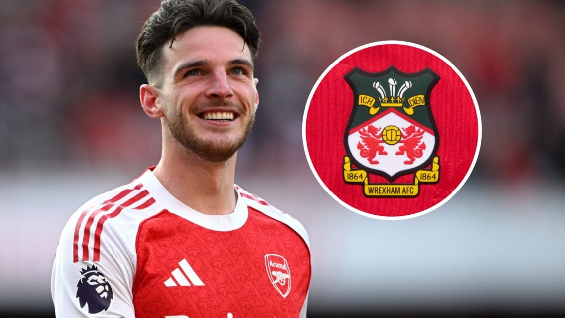 Declan Rice during Arsenal FC v Newcastle United FC - Premier League. The official club badge of Wrexham AFC on a home shirt