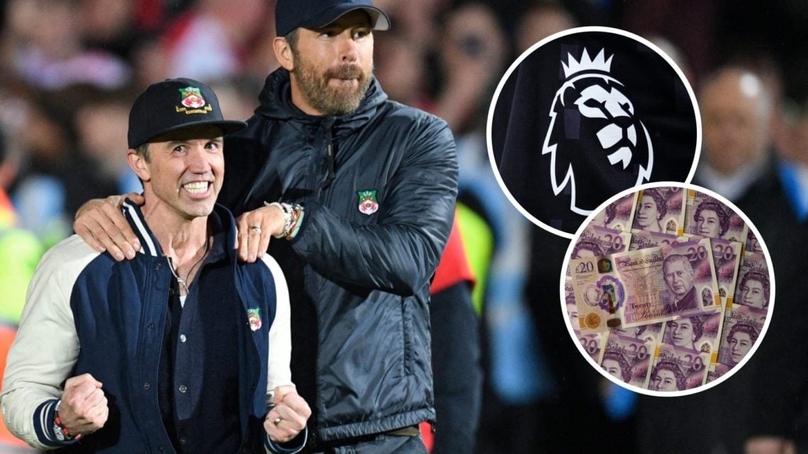 Rob Mac and Ryan Reynolds celebrate after Wrexham's win over Boreham Wood. Inset, the official Premier League logo and a general view of bank notes.