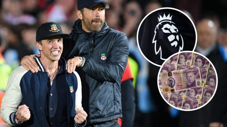 Rob Mac and Ryan Reynolds celebrate after Wrexham's win over Boreham Wood. Inset, the official Premier League logo and a general view of bank notes.