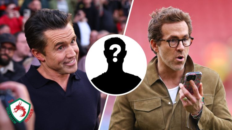 A split image of Wrexham's Rob Mac (L) and Wrexham's Ryan Reynolds (R). Inset, a mystery player icon.