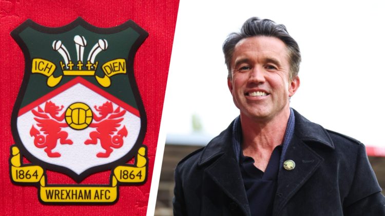 Split image of the official club badge of Wrexham AFC, and Wrexham co-owner Rob Mac.