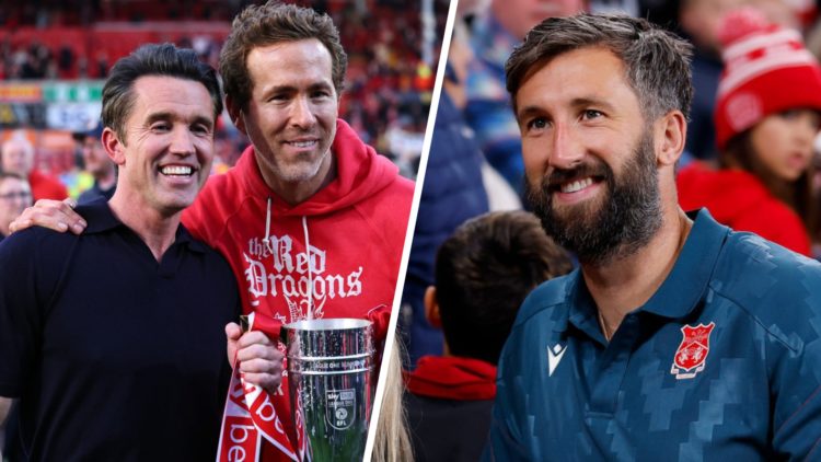 Rob McElhenney and Ryan Reynolds co-owners of Wrexham (left), Ollie Palmer of Wrexham AFC takes a selfie with fans (right)