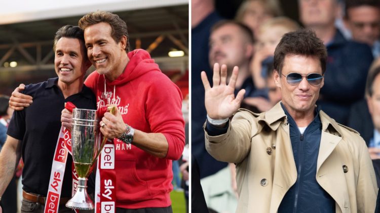 A split image of Rob Mac and Ryan Reynolds celebrating Wrexham's promotion from League One (L) and Tom Brady watching Birmingham City v Leeds Unite...
