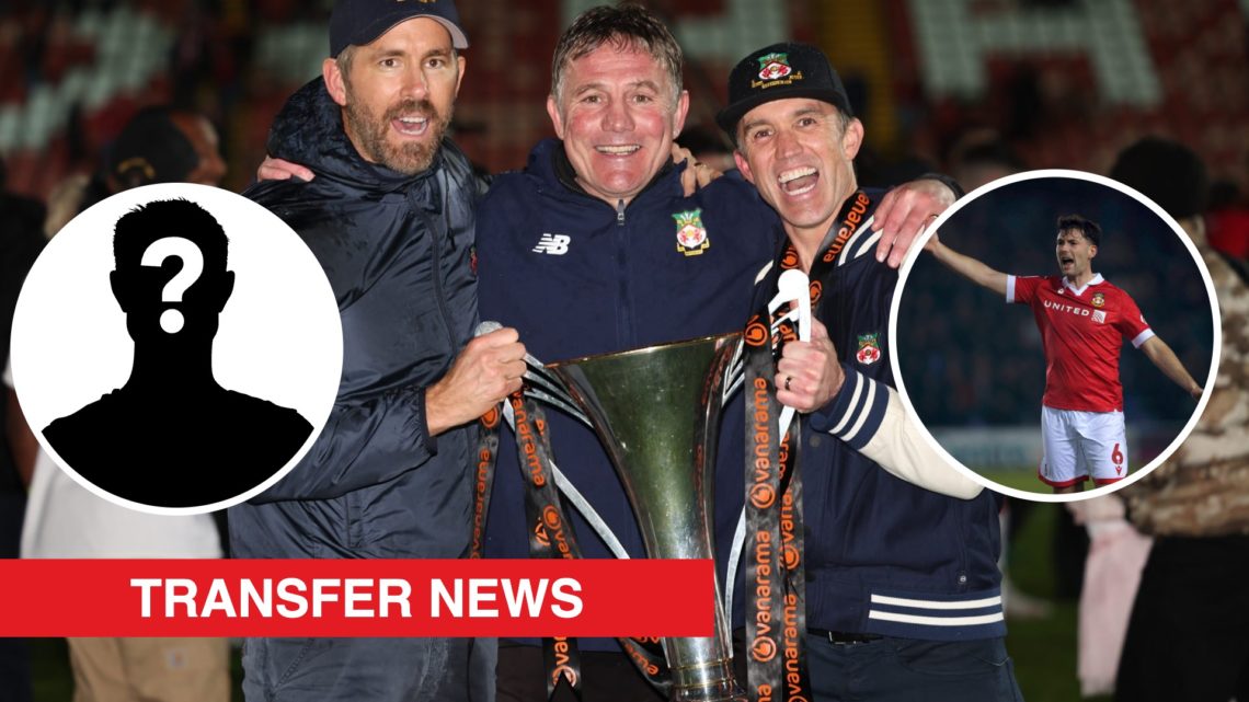 Rob McElhenney, Ryan Reynolds and Phil Parkinson celebrate Wrexham's promotion from the National League. Inset, Wrexham defender Thomas O'Connor an...
