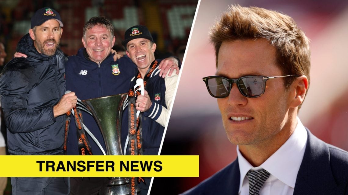 A split image of Wrexham's Rob Mac, Ryan Reynolds and Phil Parkinson (L) and Tom Brady (R)