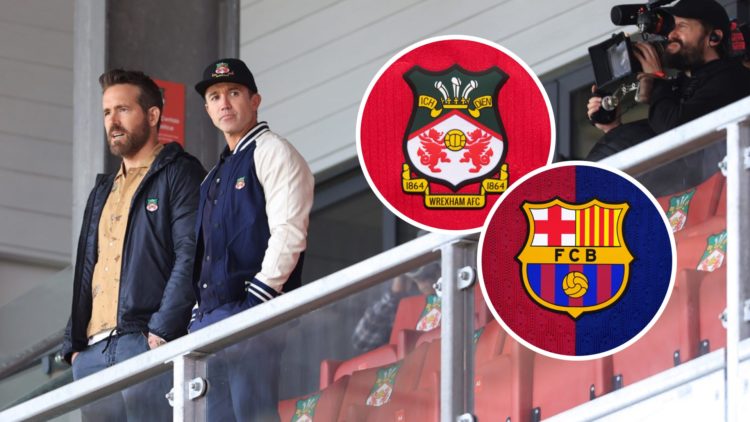 Ryan Reynolds and Rob Mac look on. Inset, Wrexham and Barcelona badges.