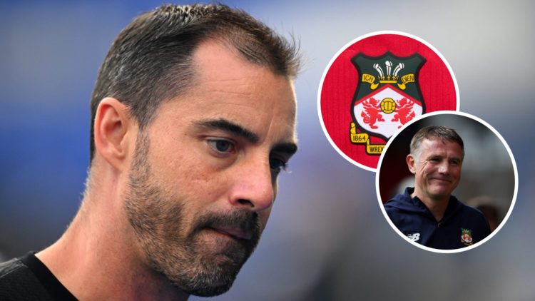 Sheffield United boss Ruben Selles looks on. Inset, the Wrexham badge and Wrexham boss Phil Parkinson