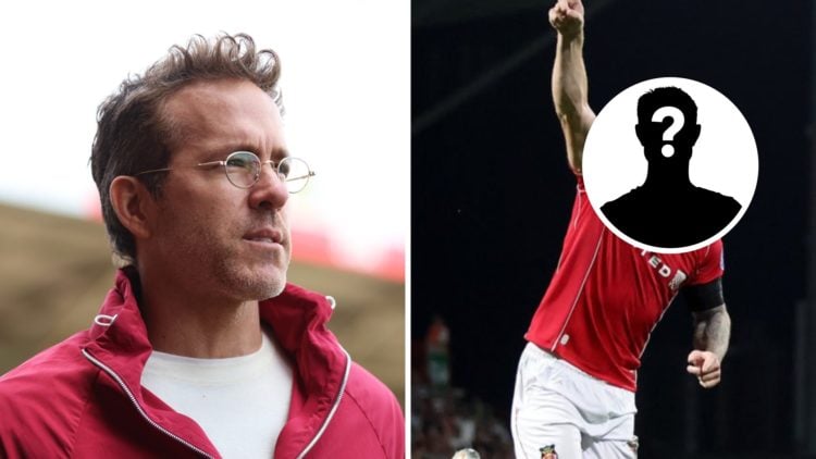 Ryan Reynolds, co-owners of Wrexham AFC looks on (left), Jack Marriott of Wrexham celebrates (right). Inset: Mystery person