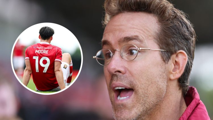 Ryan Reynolds, co-owners of Wrexham AFC looks on. Inset: Kieffer Moore of Wrexham reacts