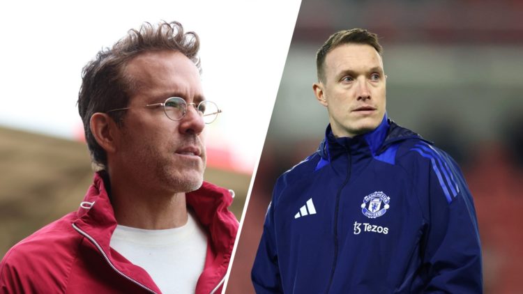 A split image of Wrexham's Ryan Reynolds (L) and Manchester United coach Phil Jones (R)