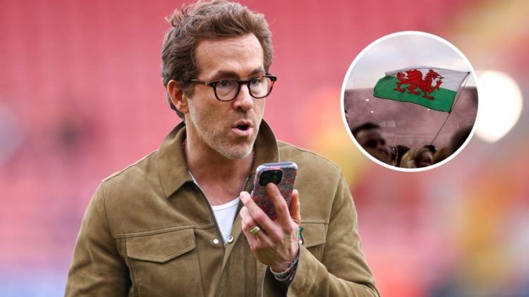 Ryan Reynolds on the phone before Wrexham v Charlton Athletic. Inset, the Wales flag