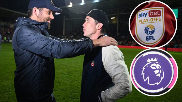 Ryan Reynolds and Rob Mac celebrate Wrexham's promotion from the National League. Inset, EFL play-offs and Premier League logos.