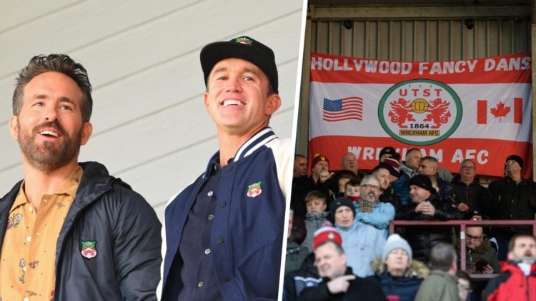 Wrexham owners, Ryan Reynolds (L) and Rob Mac (R) (left), Supporters of Wrexham Association Football Club stand in front of a banner making referen...