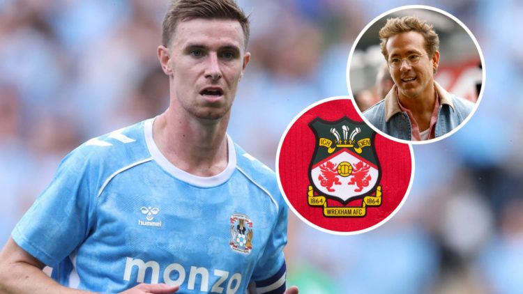 Ben Sheaf in action for Coventry City against Real Betis. The official club badge of Wrexham AFC on a home shirt. Wrexham AFC co-owner Ryan Reynold...