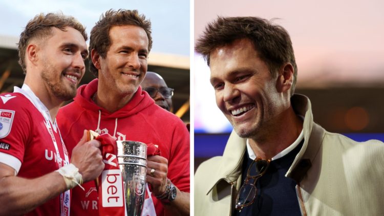 Sam Smith and Ryan Reynolds celebrate promotion following Wrexham AFC v Charlton Athletic FC in the Sky Bet League One clash. Tom Brady ahead of Bi...