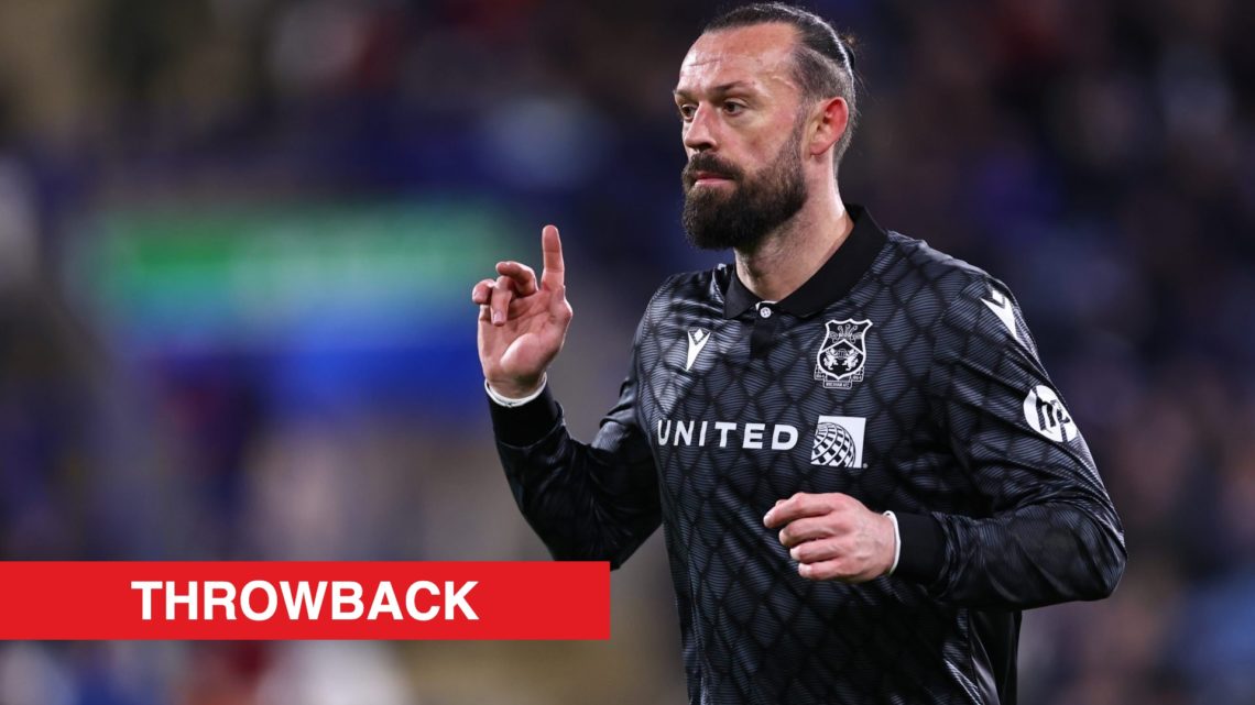 Wrexham striker Steven Fletcher in action against Huddersfield Town. Inset, a red banner with 'throwback' in white text