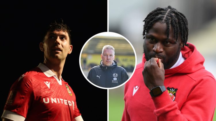 A split image of Wrexham defender Thomas O'Connor (L) and Wrexham defender Jacob Mendy (R). Inset, Peterborough United boss Darren Ferguson.