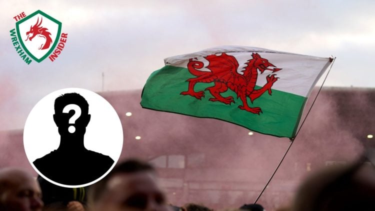 The Wales flag being flown at a Wales football match. Inset a picture of a mystery player.