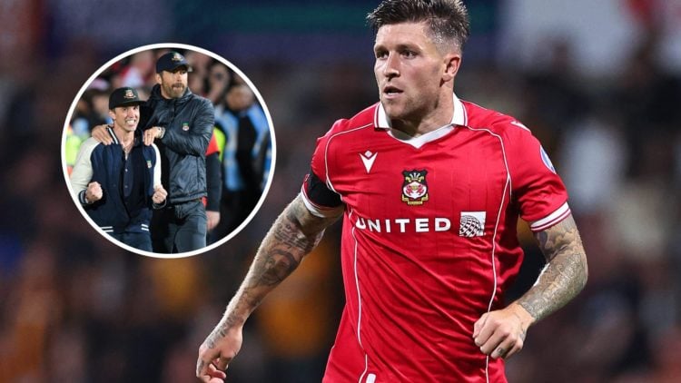 Josh Windass of Wrexham during the Carabao Cup first round match between Wrexham and Hull City. Ryan Reynolds and Rob McElhenney celebrate promotio...
