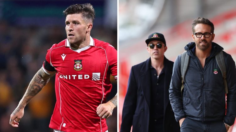 Split image of Josh Windass in action during Wrexham v Hull City in the Carabao Cup, Wrexham owners Ryan Reynolds and Rob Mac arrive before the Nat...