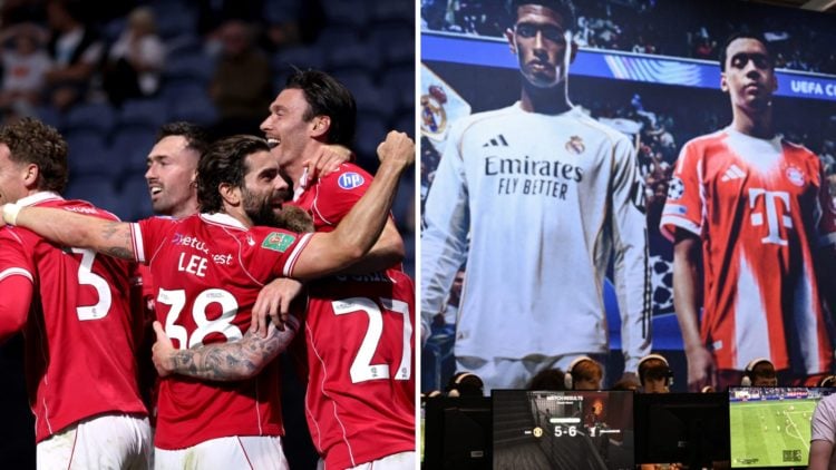 A split image of Wrexham players celebrate against Preston North End (L) and FC 26 being played at Gamescom (R).
