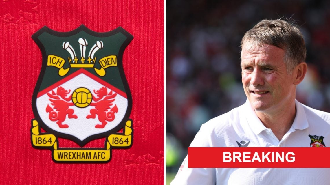 The official club badge of Wrexham AFC on a home shirt. Wrexham boss Phil Parkinson looks on against Doncaster Rovers.