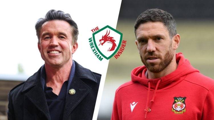 Split image of Wrexham co-owners Rob Mac and Wrexham player Ben Tozer before a game.