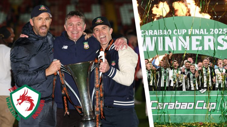 Split image of Wrexham celebrating promotion from the National League, and Newcastle United winning the Carabao Cup.