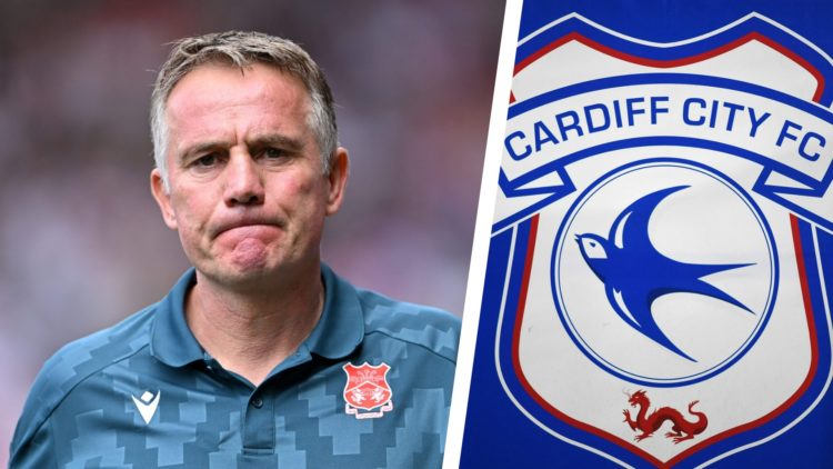 Split image of Wrexham manager Phil Parkinson, and the official club badge of Cardiff City.