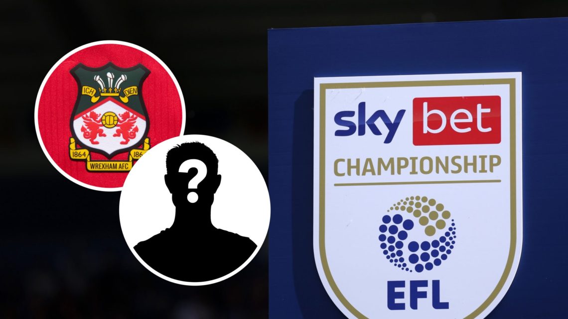 The EFL Championship logo on display. Inset, the Wrexham badge on a red home shirt and a mystery player icon
