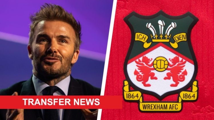 Split image of David Beckham speaking at a press conference, and the official club badge of Wrexham AFC.