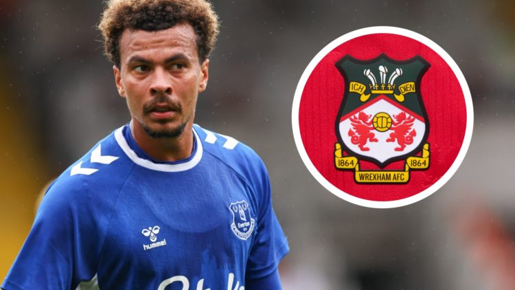Everton player Dele Alli in action. Inset a picture of the official club badge of Wrexham AFC.