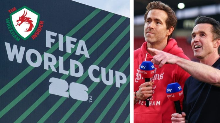 Split image of a logo for the 2026 World Cup, and Wrexham co-owners Rob Mac and Ryan Reynolds.