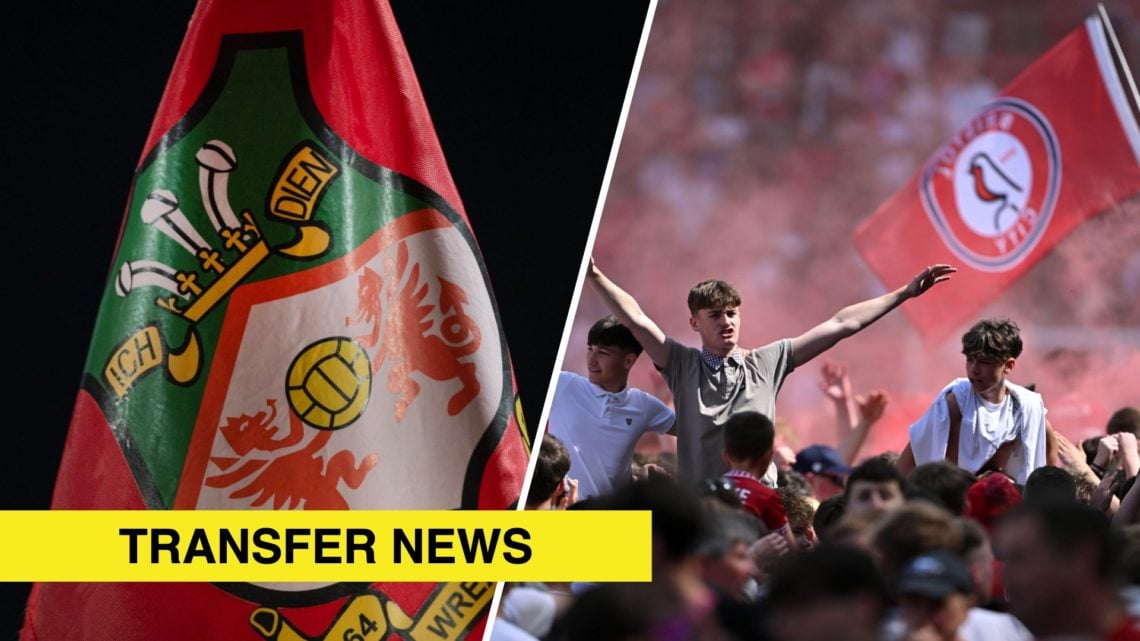 A split image of a Wrexham corner flag (L) and Bristol City fans on the pitch at Ashton Gate (R)