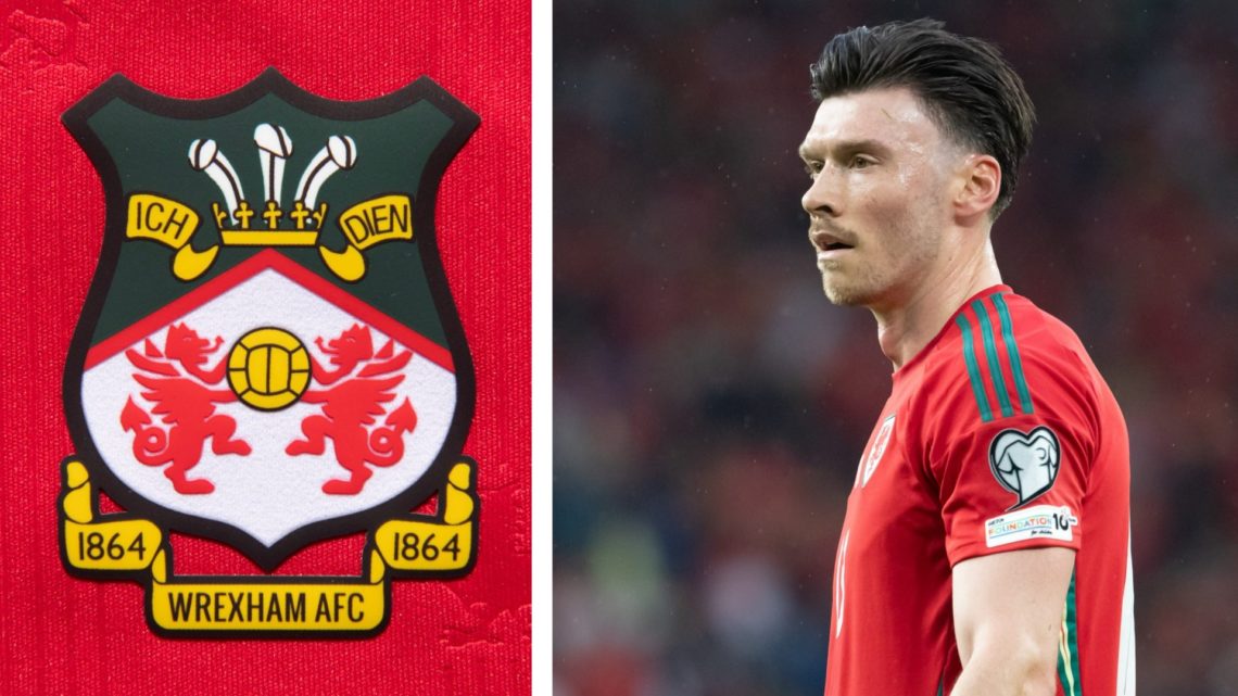 Split image of the official club badge of Wrexham AFC, and Wales striker Kieffer Moore in action.
