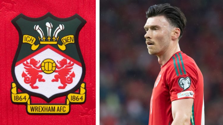 Split image of the official club badge of Wrexham AFC, and Wales striker Kieffer Moore in action.