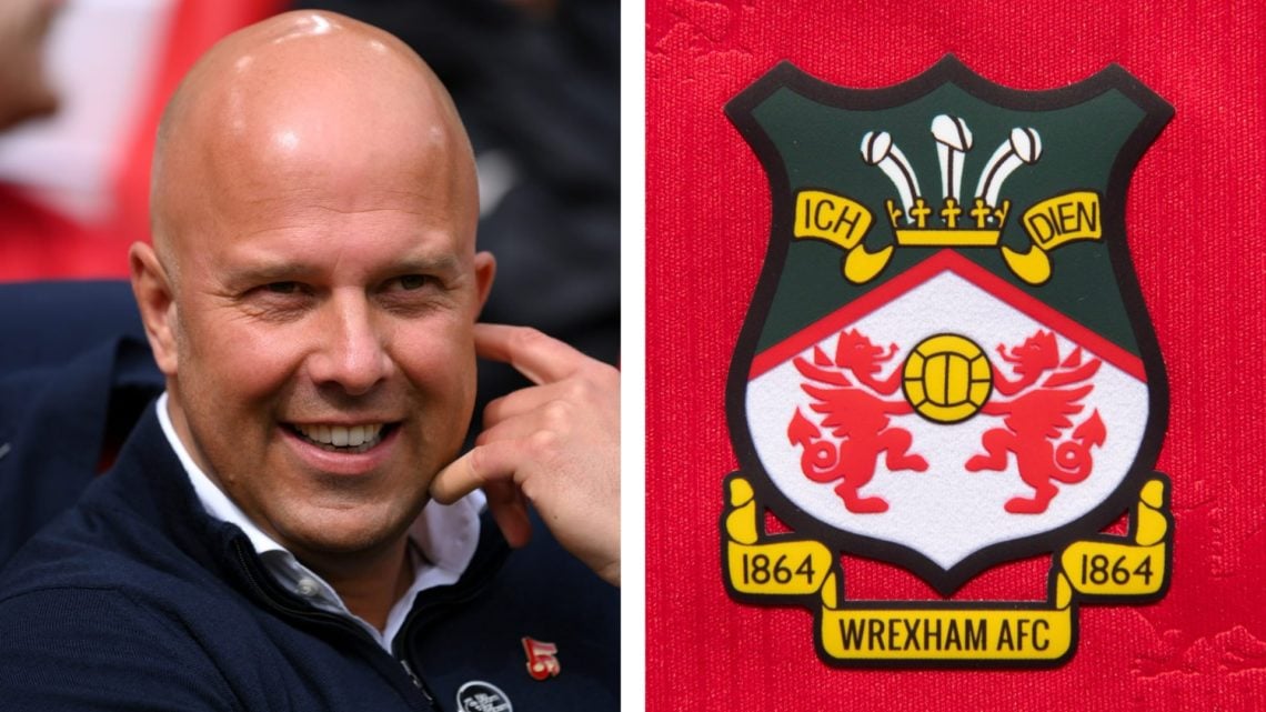 Split image of Liverpool manager Arne Slot, and the official club badge of Wrexham AFC.
