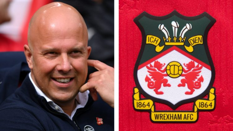 Split image of Liverpool manager Arne Slot, and the official club badge of Wrexham AFC.