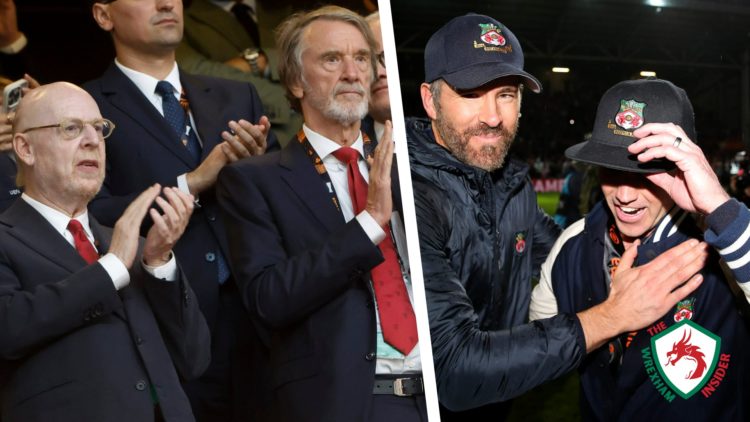 Split image of Manchester United owners Avram Glazer and Sir Jim Ratcliffe, and Wrexham owners Ryan Reynolds and Rob Mac.
