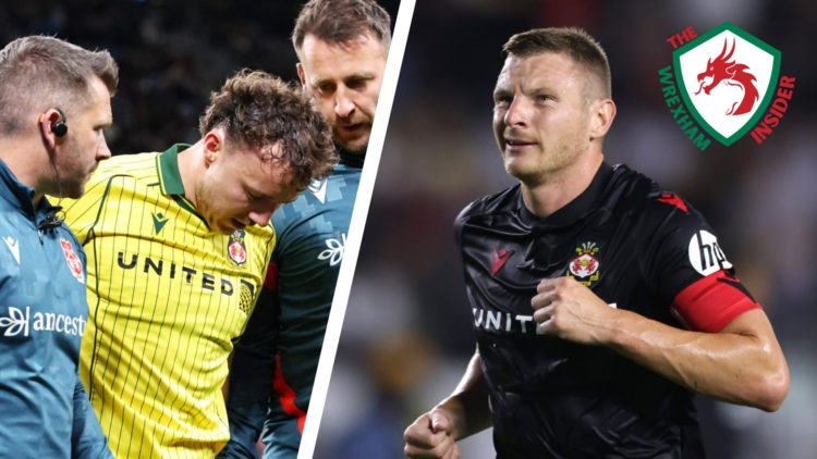 Split image of Wrexham player Ollie Rathbone injured, and Wrexham striker Paul Mullin in action.