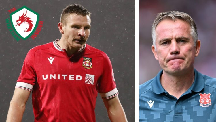 Split image of Wrexham striker Paul Mullin in action, and Wrexham manager Phil Parkinson on the touchline.