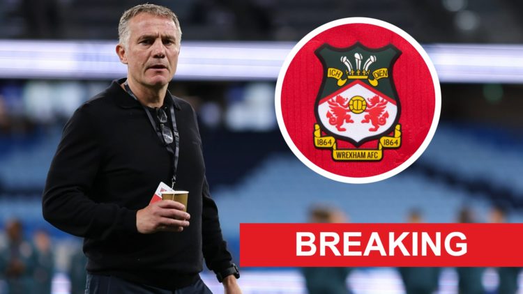 Wrexham manager Phil Parkinson before a match. Inset, a picture of the official club badge of Wrexham AFC.