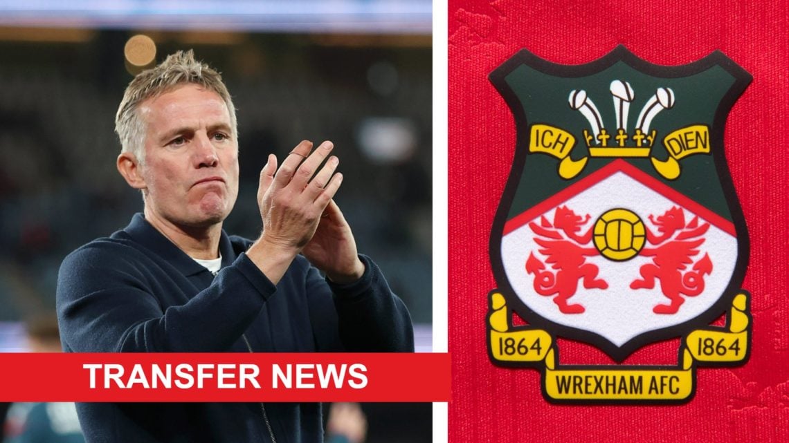 Split image of Wrexham manager Phil Parkinson clapping the fans, and a picture of the official club badge of Wrexham AFC.