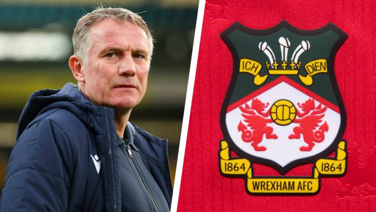 Split image of Wrexham manager Phil Parkinson on the touchline, and the official club badge of Wrexham AFC.